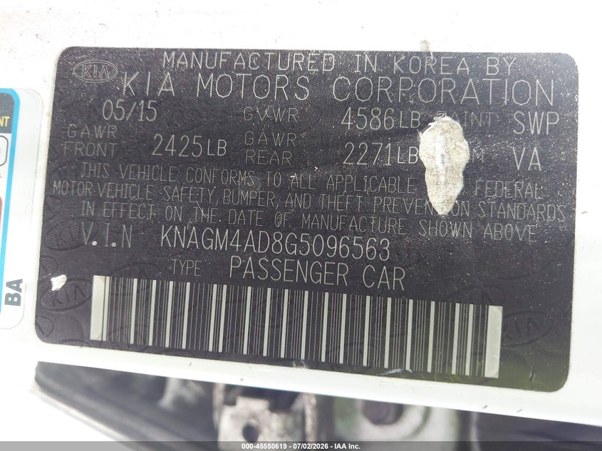 2016 Kia Optima VIN KNAGM4AD8G5096563 IAAI salvage auction — FRONT END, Salvage Title, sold $500 on 2026-07-22 (photo 9)
