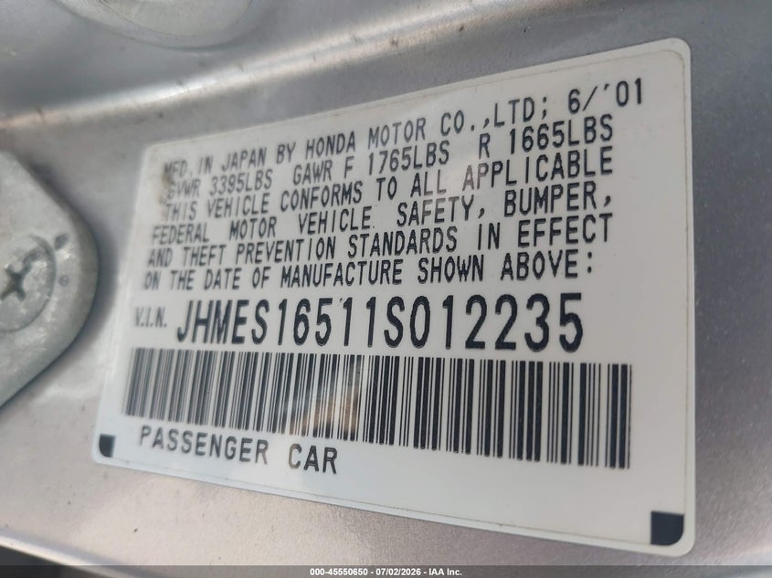 2001 Honda Civic VIN JHMES16511S012235 IAAI salvage auction — NORMAL WEAR, Release Of Interest (Washington), sold $600 on 2026-07-28 (photo 9)