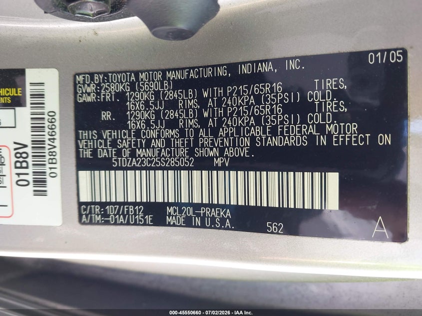 2005 Toyota Sienna VIN 5TDZA23C25S285052 IAAI salvage auction — NORMAL WEAR, Clear - Dealer Only (California), sold $600 on 2026-07-29 (photo 9)