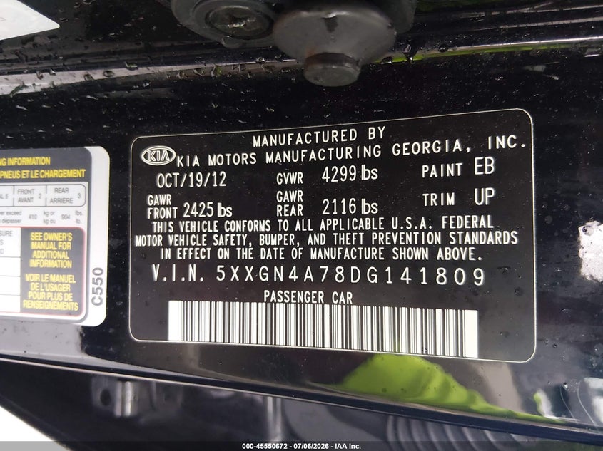 2013 Kia Optima VIN 5XXGN4A78DG141809 IAAI salvage auction — NORMAL WEAR, Clear (New Jersey), sold $1,400 on 2026-07-13 (photo 9)