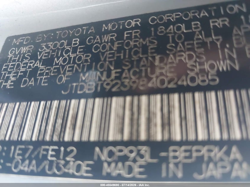 2008 Toyota Yaris VIN JTDBT923984024085 IAAI salvage auction — NORMAL WEAR, Clear (Florida), sold $300 on 2026-07-28 (photo 9)