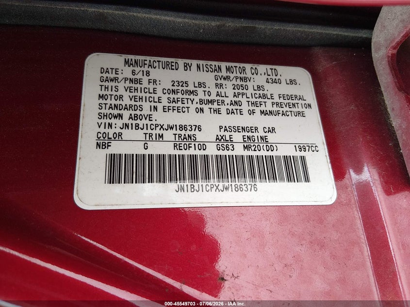 2018 Nissan Rogue VIN JN1BJ1CPXJW186376 IAAI salvage auction — RIGHT FRONT, Salvage (Alabama), sold $25 on 2026-07-29 (photo 9)