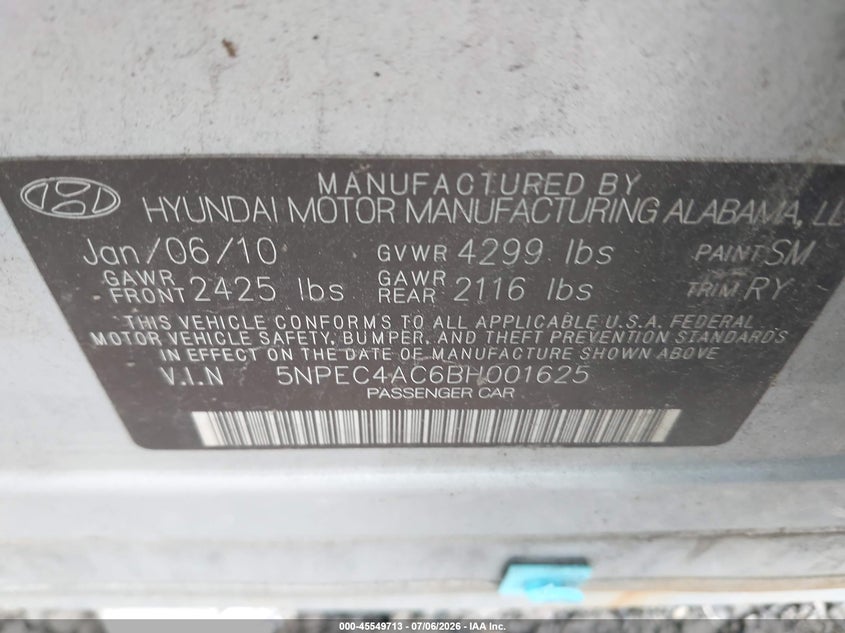 2011 Hyundai Sonata VIN 5NPEC4AC6BH001625 IAAI salvage auction — LEFT FRONT, Clear (Massachusetts), sold $425 on 2026-07-10 (photo 9)