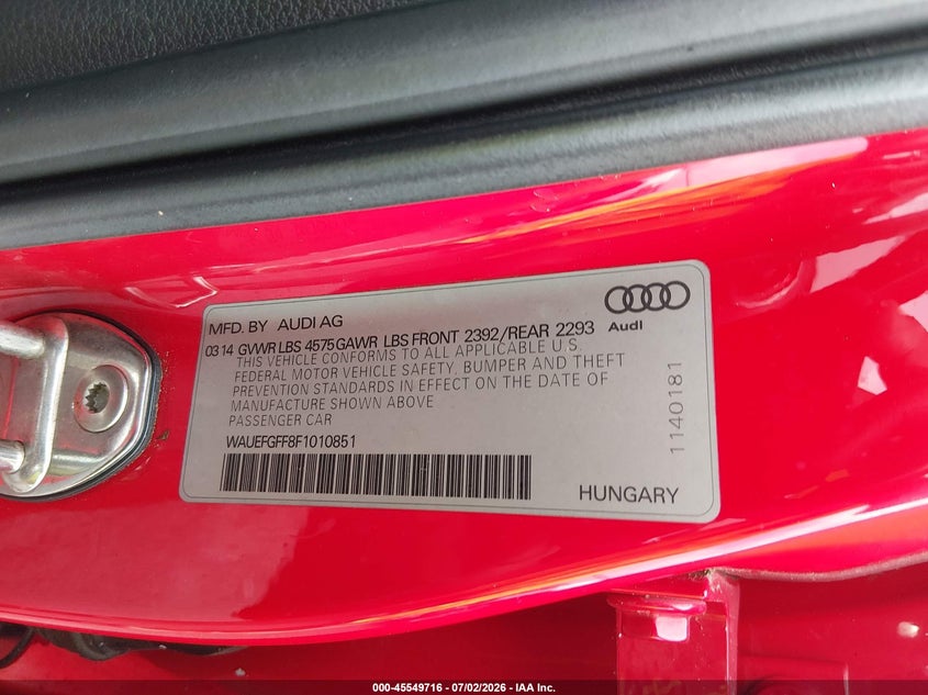 2015 Audi A3 VIN WAUEFGFF8F1010851 IAAI salvage auction — NORMAL WEAR, Clear (Louisiana), sold $350 on 2026-07-17 (photo 9)