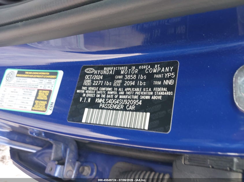2025 Hyundai Elantra VIN KMHLS4DG4SU920954 IAAI salvage auction — FRONT & REAR, Salvage Title, sold $11,350 on 2026-07-09 (photo 9)