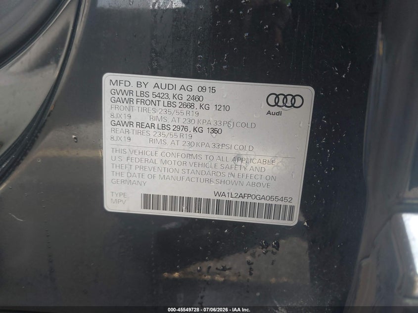 2016 Audi Q5 VIN WA1L2AFP0GA055452 IAAI salvage auction — ENGINE DAMAGE, Rebuildable (Florida), sold $3,750 on 2026-07-23 (photo 9)