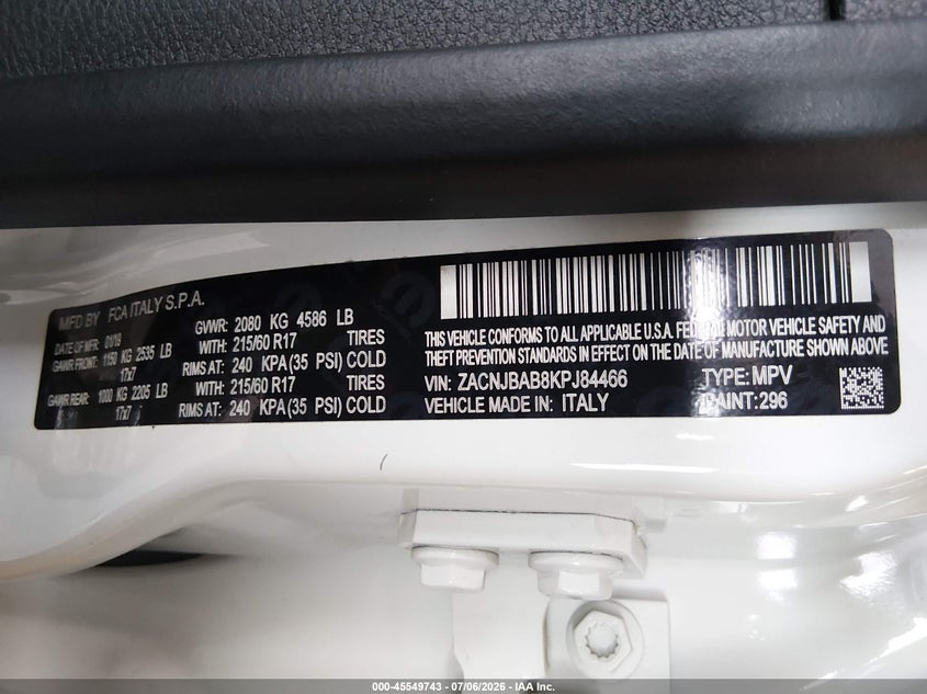 2019 Jeep Renegade VIN ZACNJBAB8KPJ84466 IAAI salvage auction — LEFT FRONT, Salvage (Tennessee), sold $50 on 2026-07-29 (photo 9)