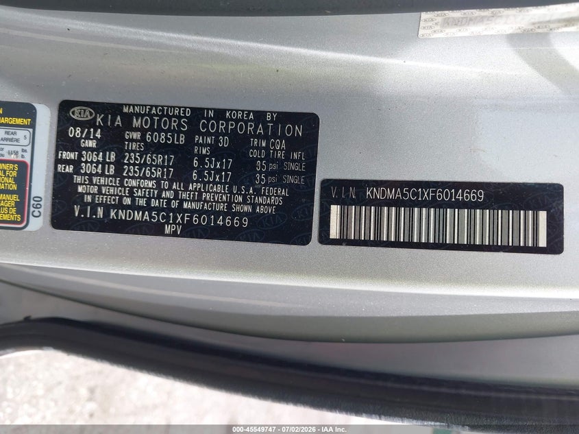 2015 Kia SEDONA VIN KNDMA5C1XF6014669 IAAI salvage auction — NORMAL WEAR, Salvage Title, sold $1,000 on 2026-07-29 (photo 9)