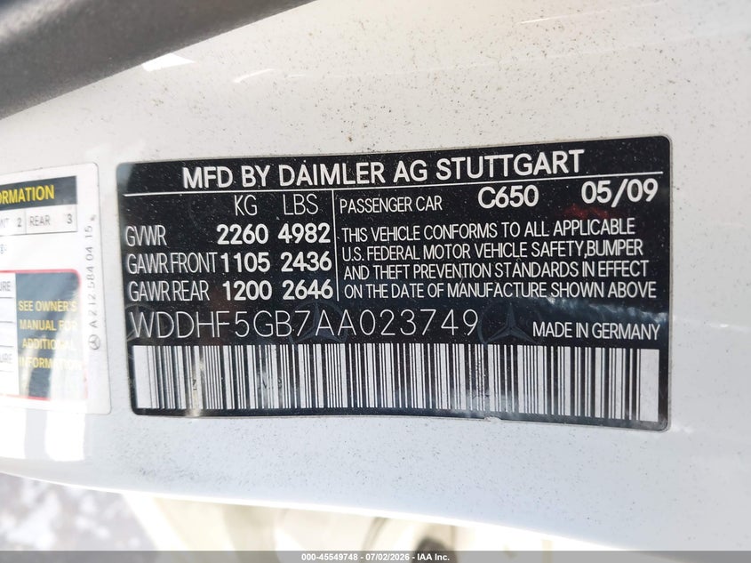 2010 Mercedes-benz E-class VIN WDDHF5GB7AA023749 IAAI salvage auction — SIDE, Salvage (California), sold $1,300 on 2026-07-29 (photo 9)