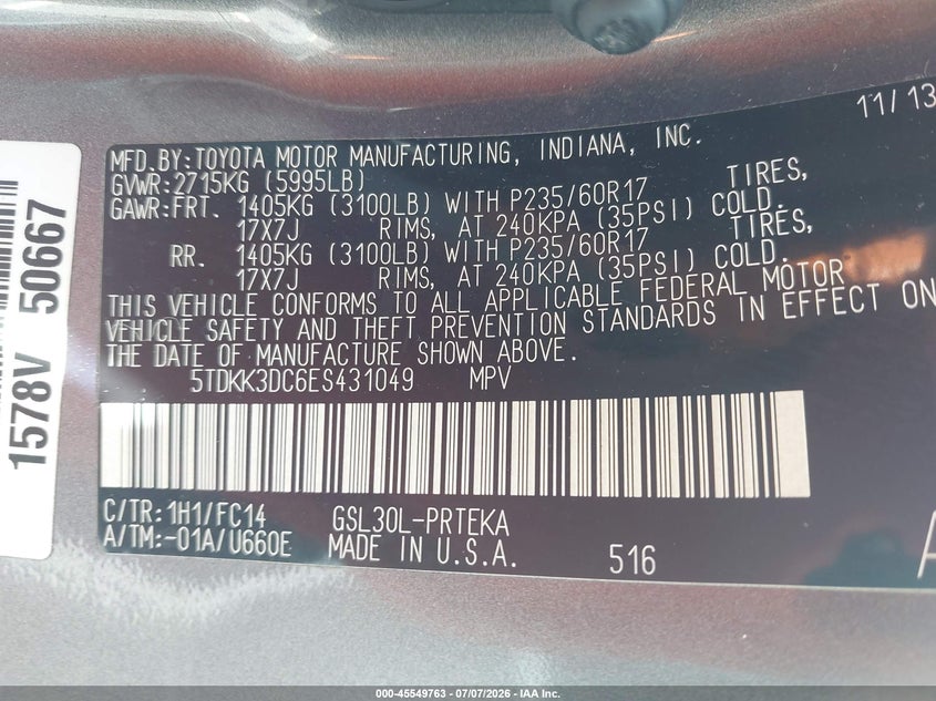 2014 Toyota Sienna VIN 5TDKK3DC6ES431049 IAAI salvage auction — REAR END, Rebuildable (Florida), sold $2,900 on 2026-07-30 (photo 9)