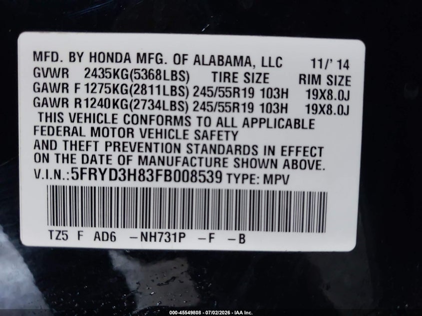 2015 Acura Mdx VIN 5FRYD3H83FB008539 IAAI salvage auction — SIDE, Salvage (California), sold $2,450 on 2026-07-11 (photo 9)