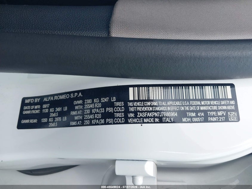 2018 Alfa romeo Stelvio VIN ZASFAKPN7J7B86964 IAAI salvage auction — FRONT END, Salvage Title, sold $2,925 on 2026-08-18 (photo 9)