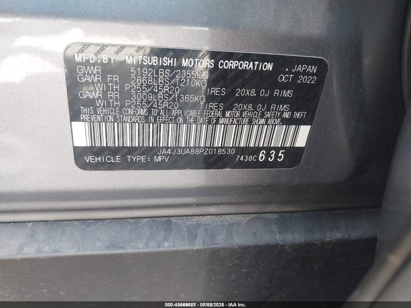 2023 Mitsubishi Outlander VIN JA4J3UA88PZ018530 IAAI salvage auction — SIDE, Salvage Title, sold $25 on 2026-07-30 (photo 9)