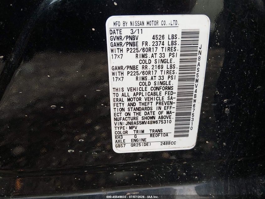 2011 Nissan Rogue VIN JN8AS5MV4BW675310 IAAI salvage auction — FRONT END, Salvage (Ohio), sold $200 on 2026-07-29 (photo 9)