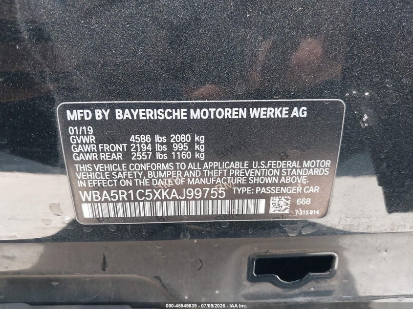 2019 BMW 3er VIN WBA5R1C5XKAJ99755 IAAI salvage auction — REAR END, Salvage Certificate (California), sold $9,500 on 2026-07-22 (photo 9)