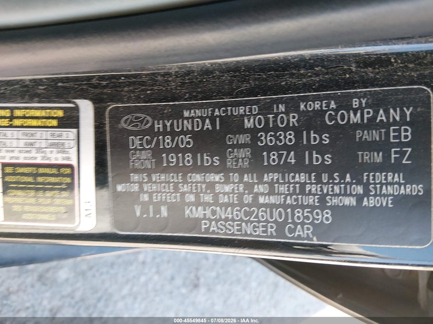 2006 Hyundai Accent VIN KMHCN46C26U018598 IAAI salvage auction — NORMAL WEAR, Salvage (California), sold $25 on 2026-07-17 (photo 9)