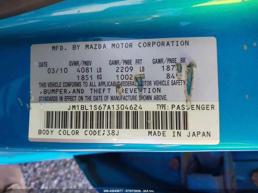 2010 Mazda 3 VIN JM1BL1S67A1304624 IAAI salvage auction — NORMAL WEAR, Clear (Virginia), sold $100 on 2026-07-21 (photo 9)