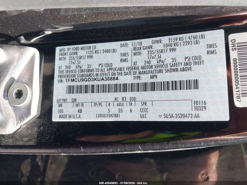 2019 Ford Escape VIN 1FMCU9GD3KUA36884 IAAI salvage auction — NORMAL WEAR, Sf97 (New York), sold $8,050 on 2026-08-20 (photo 9)