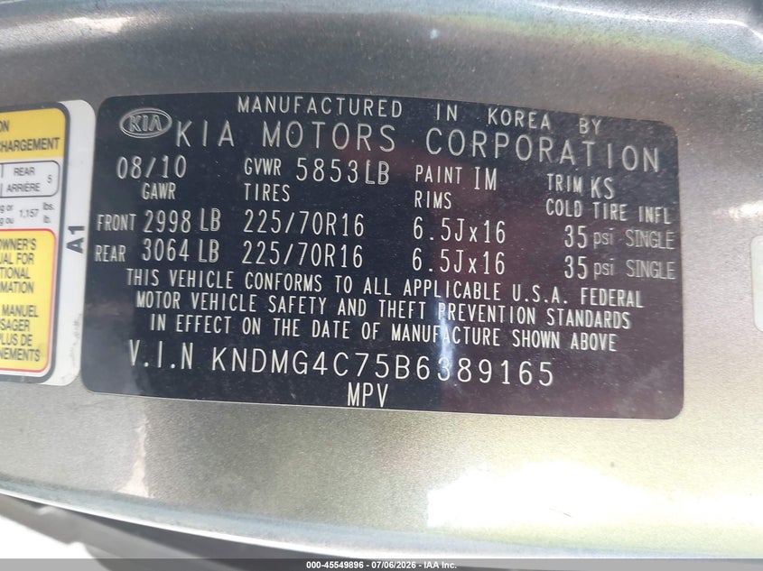 2011 Kia SEDONA VIN KNDMG4C75B6389165 IAAI salvage auction — LEFT & RIGHT, Original (Texas), sold $975 on 2026-07-29 (photo 9)