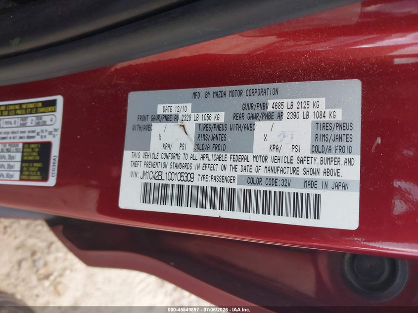 2012 Mazda 5 VIN JM1CW2BL1C0105309 IAAI salvage auction — NORMAL WEAR, Clear (Georgia), sold $1,450 on 2026-07-16 (photo 9)