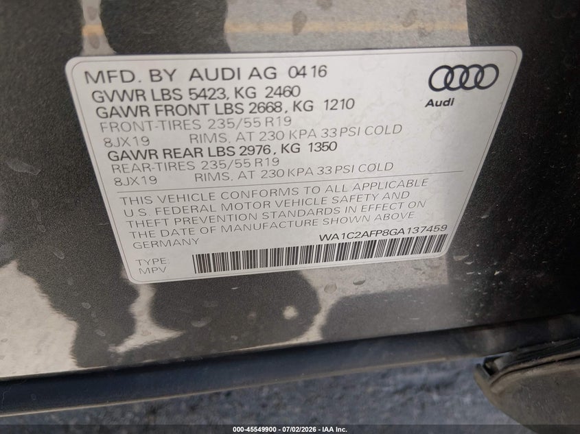 2016 Audi Q5 VIN WA1C2AFP8GA137459 IAAI salvage auction — NORMAL WEAR, Clear (Texas), sold $2,650 on 2026-07-09 (photo 9)