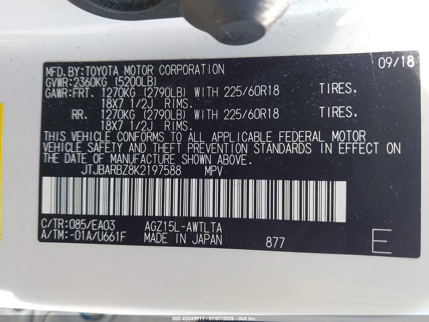 2019 Lexus Nx VIN JTJBARBZ8K2197588 IAAI salvage auction — FRONT & REAR, Salvage Title, sold $5,500 on 2026-07-31 (photo 9)