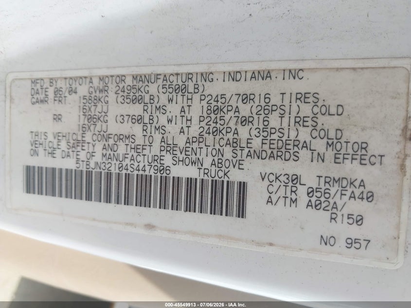 2004 Toyota Tundra VIN 5TBJN32104S447906 IAAI salvage auction — NORMAL WEAR, Clear (Massachusetts), sold $1,900 on 2026-07-10 (photo 9)