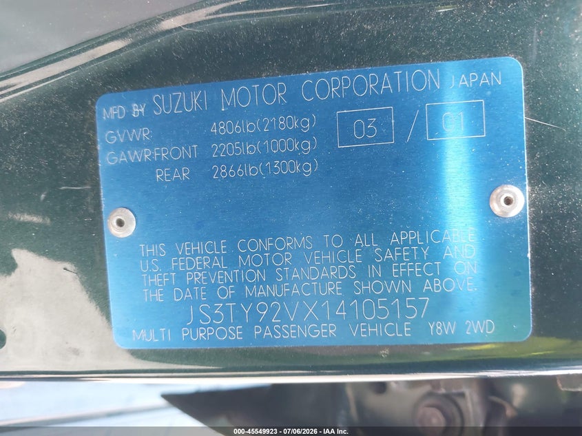 2001 Suzuki Grand vitara VIN JS3TY92VX14105157 IAAI salvage auction — FRONT END, Salvage Certificate (California), sold $100 on 2026-07-17 (photo 9)