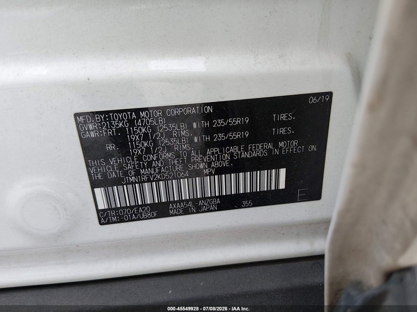 2019 Toyota Rav 4 VIN JTMN1RFV2KD521064 IAAI salvage auction — FRONT END, Salvage (South Carolina), sold $10,100 on 2026-07-26 (photo 9)