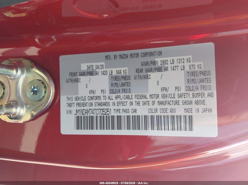 2026 Mazda MX-5 Miata VIN JM1NDAM74T0705251 IAAI salvage auction — Front End, Enterprise Vehicles Clear Only (Texas), sold $23,100 on 2026-07-18 (photo 9)