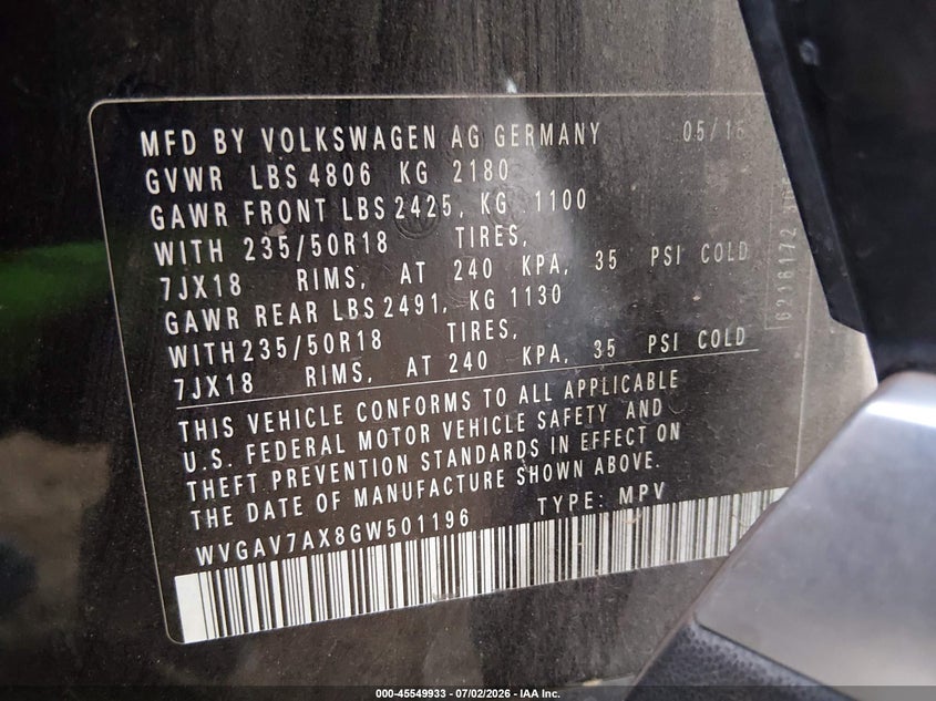 2016 Volkswagen Tiguan VIN WVGAV7AX8GW501196 IAAI salvage auction — NORMAL WEAR, Clear-Dealer Only (Arizona), sold $675 on 2026-07-28 (photo 9)
