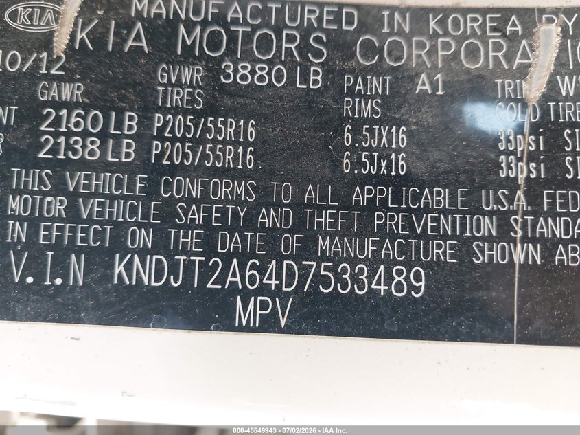 2013 Kia Soul VIN KNDJT2A64D7533489 IAAI salvage auction — NORMAL WEAR, Clear (California), sold $300 on 2026-07-29 (photo 9)