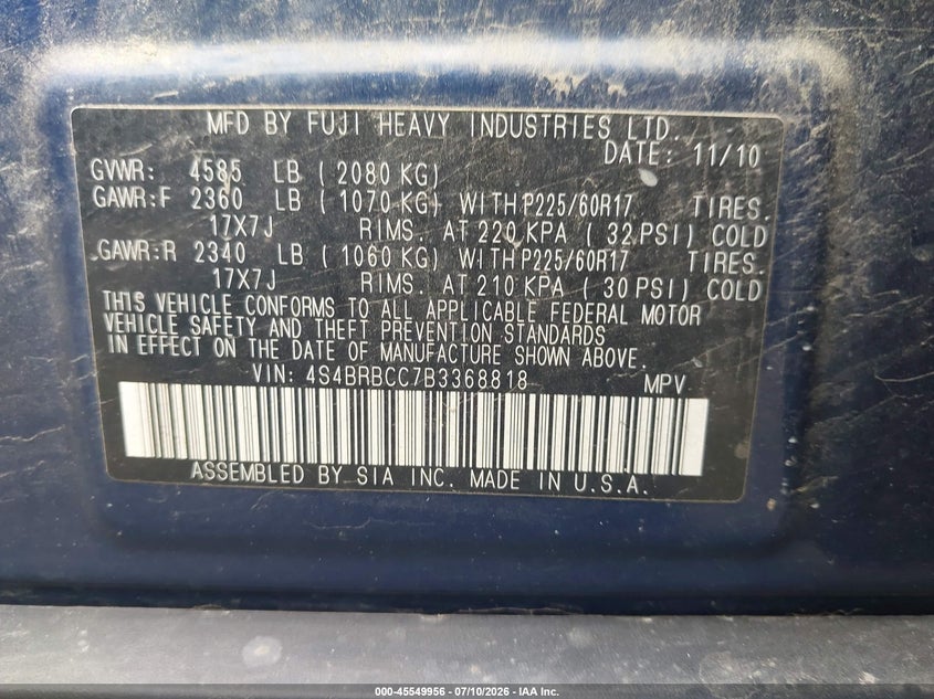2011 Subaru Outback VIN 4S4BRBCC7B3368818 IAAI salvage auction — FRONT & REAR, Salvage (Pennsylvania), sold $625 on 2026-07-18 (photo 9)