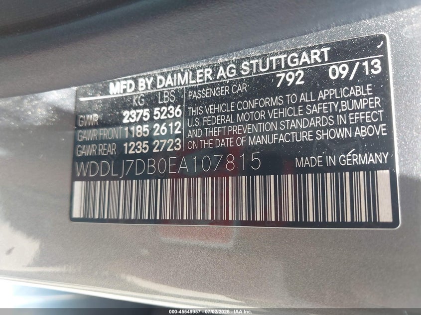 2014 Mercedes-benz Cls-klasse VIN WDDLJ7DB0EA107815 IAAI salvage auction — FRONT END, Salvage Title, sold $2,025 on 2026-07-29 (photo 9)