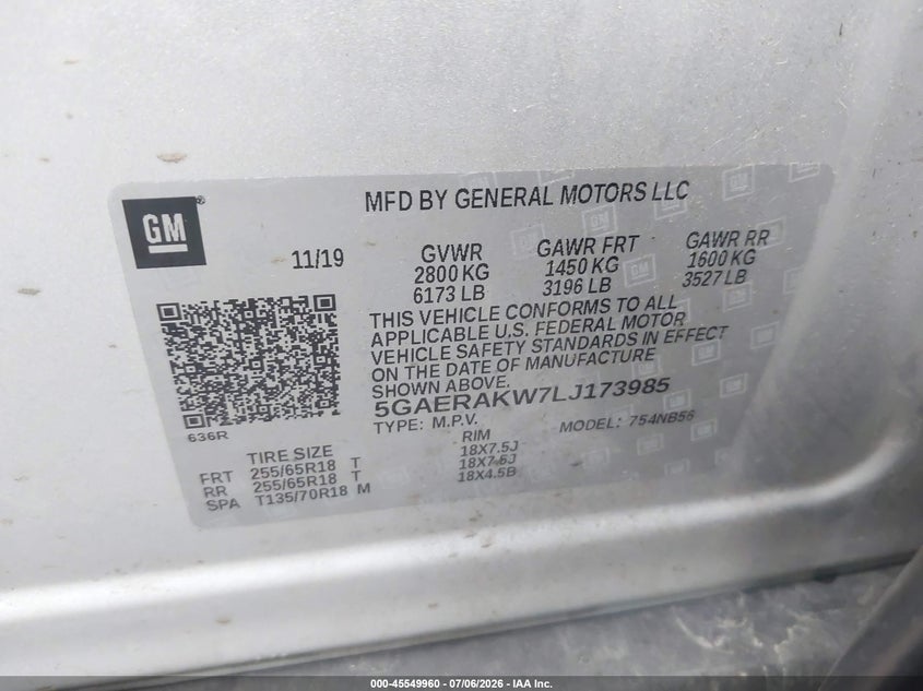 2020 Buick Enclave VIN 5GAERAKW7LJ173985 IAAI salvage auction — LEFT FRONT, Salvage Title, sold $3,425 on 2026-08-23 (photo 9)