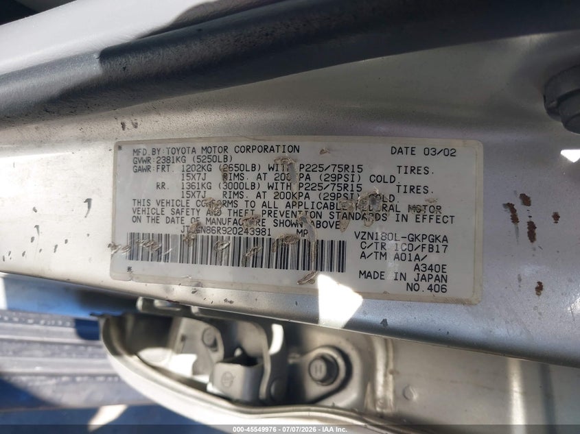 2002 Toyota 4runner VIN JT3GN86R920243981 IAAI salvage auction — RIGHT SIDE, Salvage (California), sold $1,650 on 2026-07-14 (photo 9)