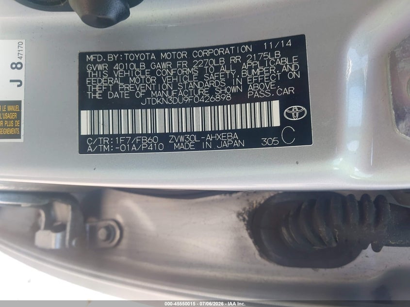 2015 Toyota Prius VIN JTDKN3DU9F0426898 IAAI salvage auction — LEFT REAR, Salvage (Georgia), sold $2,550 on 2026-07-31 (photo 9)