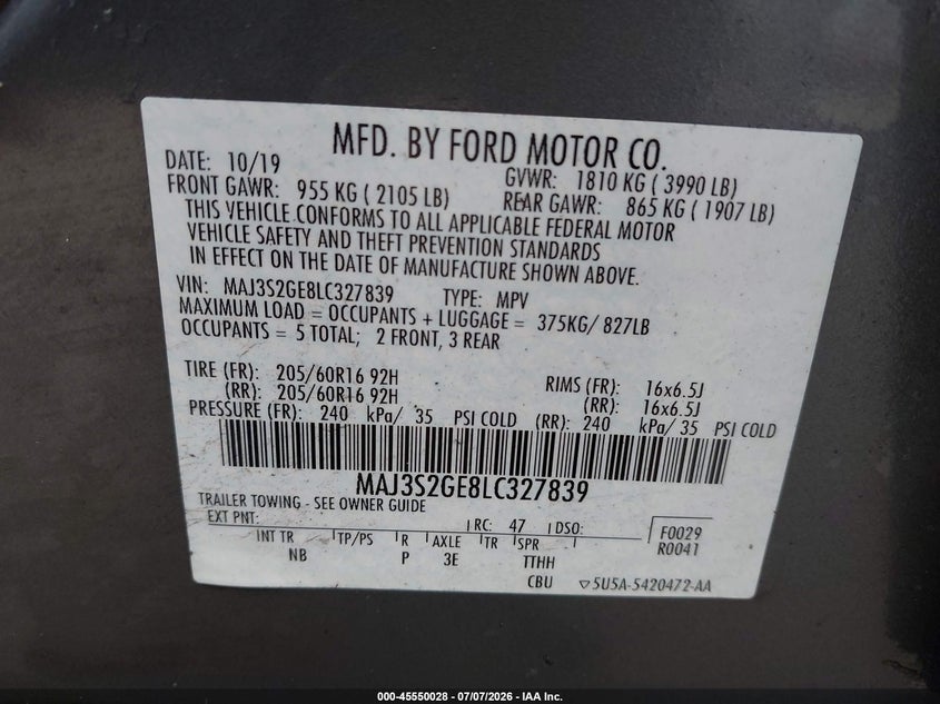2020 Ford Ecosport VIN MAJ3S2GE8LC327839 IAAI salvage auction — ENGINE DAMAGE, Salvage (Ohio), sold $1,150 on 2026-07-31 (photo 9)
