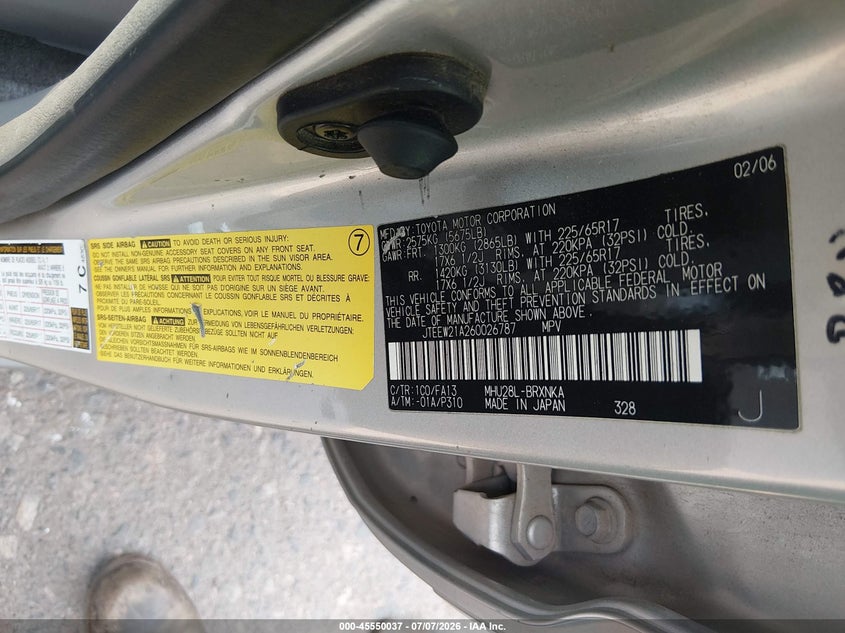 2006 Toyota Highlander hybrid VIN JTEEW21A260026787 IAAI salvage auction — NORMAL WEAR, Clear (Colorado), sold $450 on 2026-07-28 (photo 9)