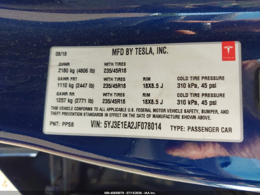 2018 Tesla Model 3 VIN 5YJ3E1EA2JF078014 IAAI salvage auction — UNDERCARRIAGE, Salvage (Idaho), sold $4,850 on 2026-08-01 (photo 9)