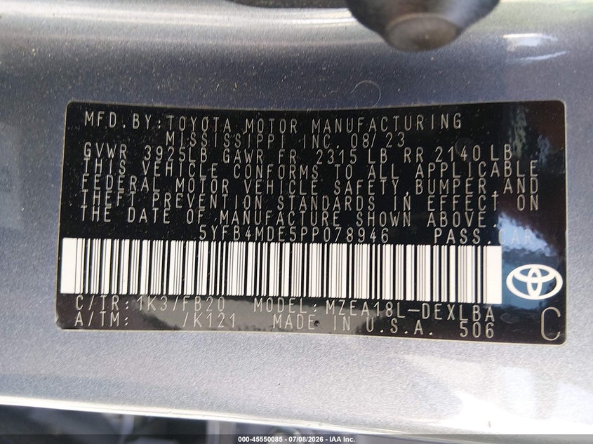 2023 Toyota Corolla VIN 5YFB4MDE5PP078946 IAAI salvage auction — FRONT END, Salvage (South Carolina), sold $3,850 on 2026-07-29 (photo 9)