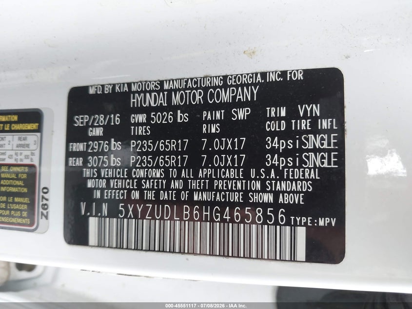 2017 Hyundai Santa fe VIN 5XYZUDLB6HG465856 IAAI salvage auction — FRONT & REAR, Salvage - Greater Than 75% (Maryland), sold $3,050 on 2026-07-18 (photo 9)