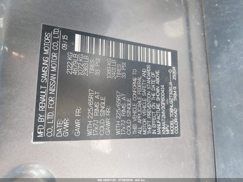 2016 Nissan Rogue VIN KNMAT2MV3GP600414 IAAI salvage auction — REAR END, Certificate Of Title (Nebraska), sold $1,750 on 2026-07-17 (photo 9)