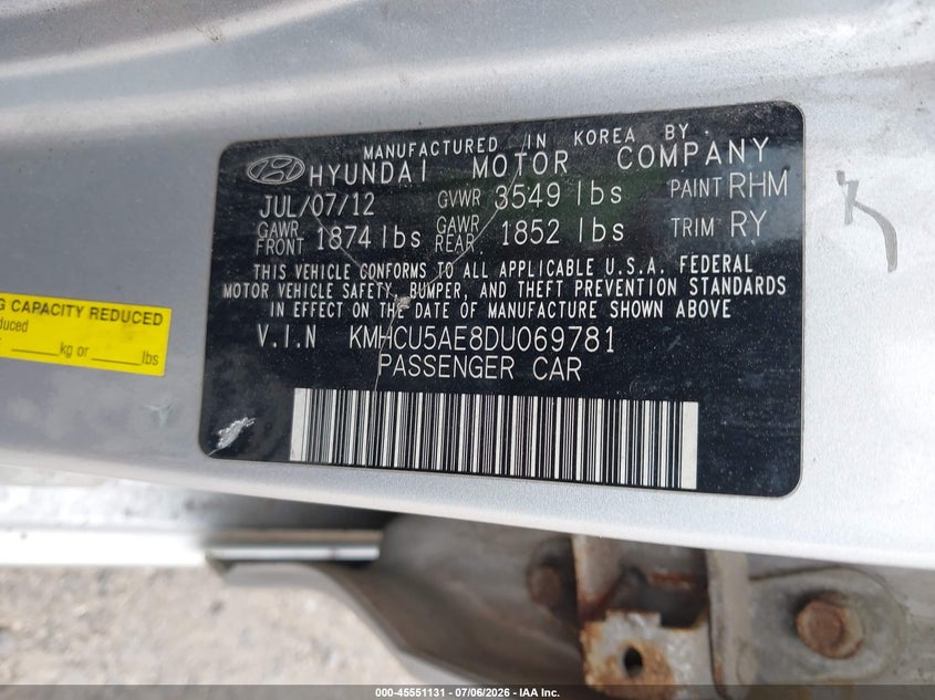 2013 Hyundai Accent VIN KMHCU5AE8DU069781 IAAI salvage auction — NORMAL WEAR, Clear (Massachusetts), sold $25 on 2026-07-10 (photo 9)
