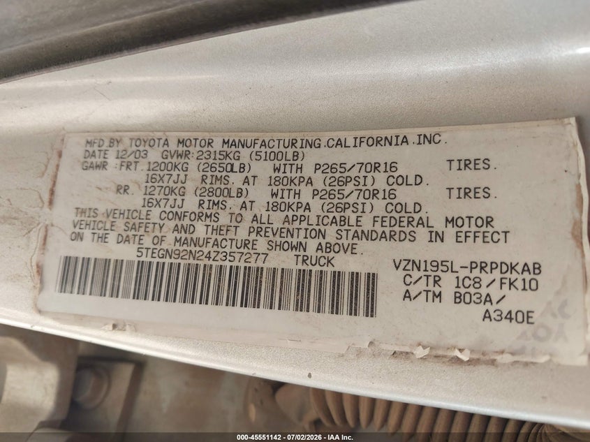2004 Toyota Tacoma VIN 5TEGN92N24Z357277 IAAI salvage auction — NORMAL WEAR, Clear-Dealer Only (Arizona), sold $3,400 on 2026-07-09 (photo 9)