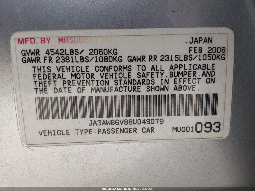 2008 Mitsubishi Lancer evolution VIN JA3AW86V88U049079 IAAI salvage auction — FRONT END, Salvage (Texas), sold $3,450 on 2026-08-21 (photo 9)