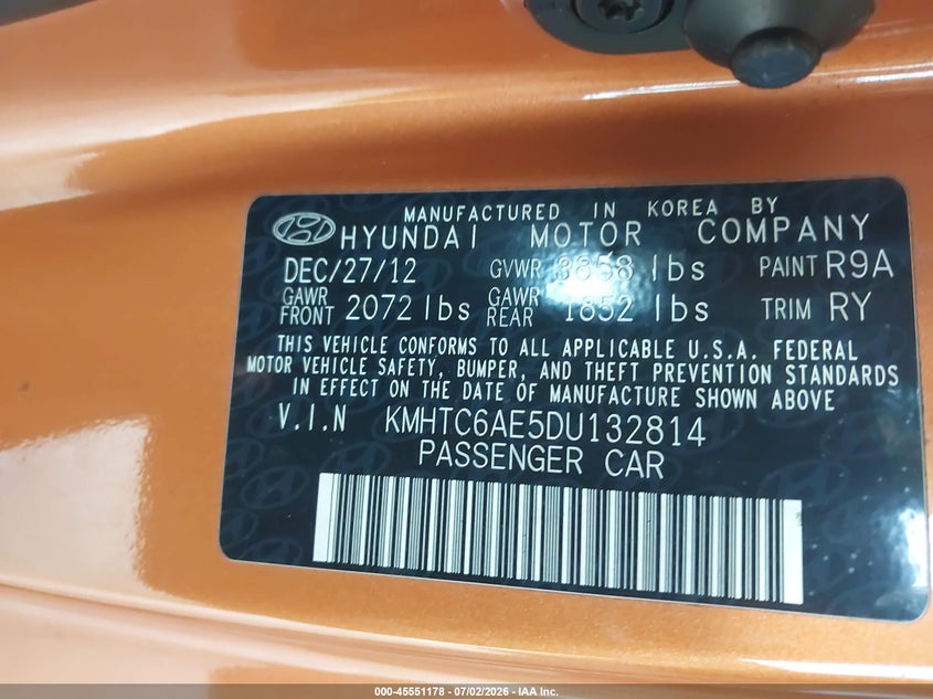2013 Hyundai Veloster VIN KMHTC6AE5DU132814 IAAI salvage auction — NORMAL WEAR, Clear (Virginia), sold $975 on 2026-07-10 (photo 9)