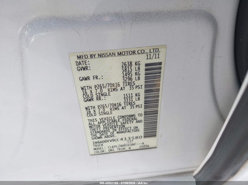2012 Nissan Navara (frontier) VIN 1N6AD0FV9CC413580 IAAI salvage auction — FRONT END, Salvage (California), sold $2,600 on 2026-07-12 (photo 9)