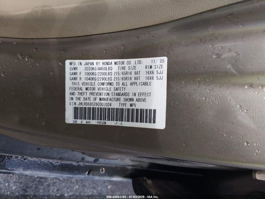 2006 Honda Cr-v VIN JHLRD68526C007024 IAAI salvage auction — NORMAL WEAR, Clear (Louisiana), sold $775 on 2026-07-29 (photo 9)