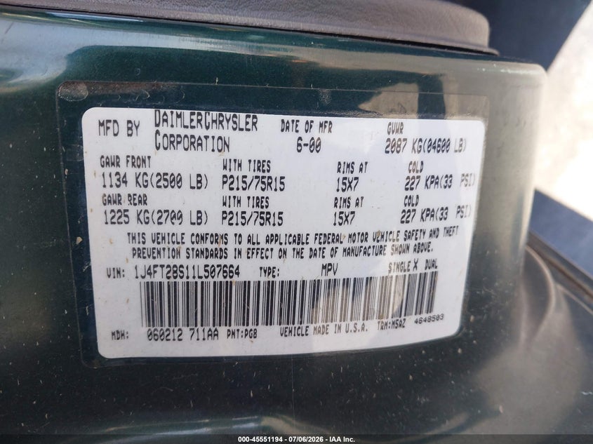 2001 Jeep Cherokee VIN 1J4FT28S11L507664 IAAI salvage auction — NORMAL WEAR, Clear - Dealer Only (California), sold $1,225 on 2026-07-09 (photo 9)